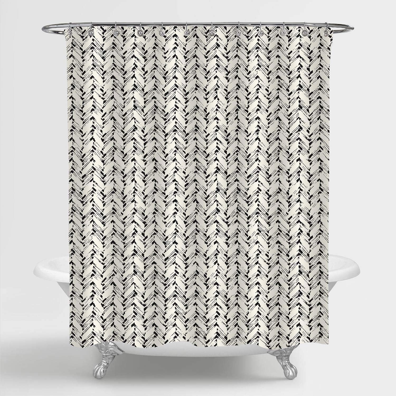 MitoVilla Black and Beige Herringbone Motif Chevron Shower Curtain Set