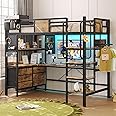 Loft Bed Twin Size,Bunk Bed with Desk Underneath,Loft Bed with RGB LED Lights and Charging Station,with 5 Storage Drawer Cabinets and 2 open Shelves,Twin Loft bed No Box Spring Needed,Vintage Brown