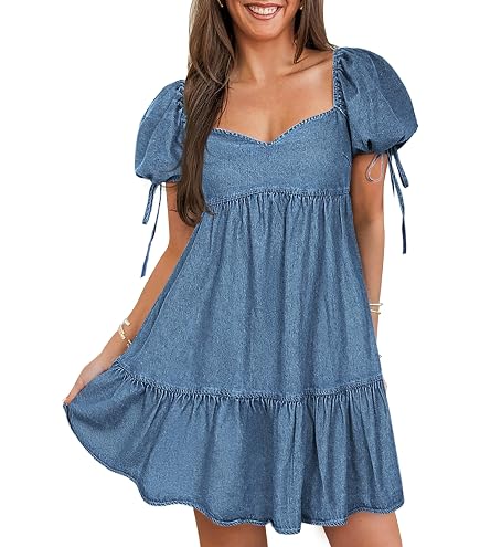 ebossy Women's Smocked Denim Dress High Waisted Puff Sleeves Ruffle Flowy A line Babydoll Tiered Mid Dress (XS, Dark Blue) at Amazon Women's Clothing store