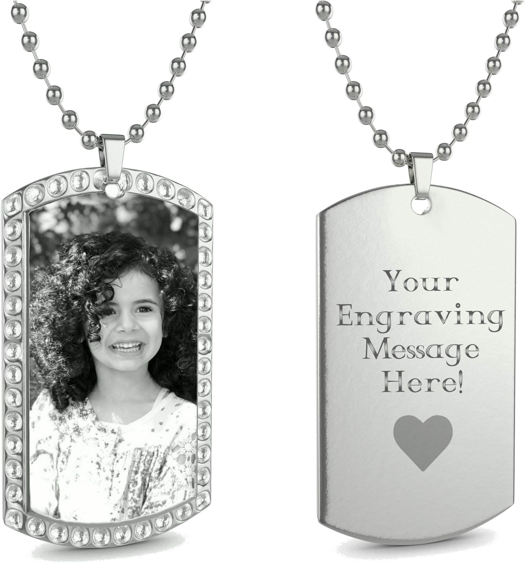 Interway Trading Personalized Custom Black and White Photo High Polished Dog Tag Necklace Pendant and 24 inch Stainless Steel Chain, Velvet Giftpouch and Keyring