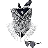JIANGLAI Fringe Rhinestone Bandana with Heart Sunglasses, Disco Cowgirl Boy Paisley Pattern Face Mask Square Scarf Headwear
