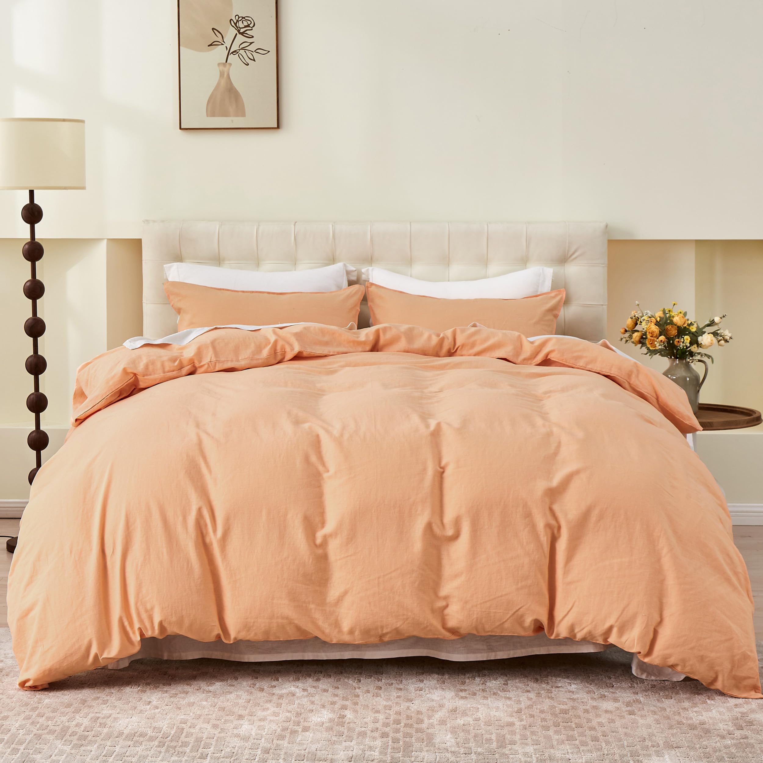 Simple&Opulence King Duvet Cover with 2 Pillowcases,Soft Cotton Linen Duvet Cover,King Size Bedding Set with Button Closure,Hypoallergenic Luxurious Breathable Quilt Cover Set,230x220cm,Peach — image 1