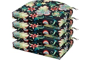 LOVTEX Memory Foam Outdoor Chair Cushions, 4 Pack, 17x16x2 inch, Black Floral, Waterproof, Fade-Resistant, Corded