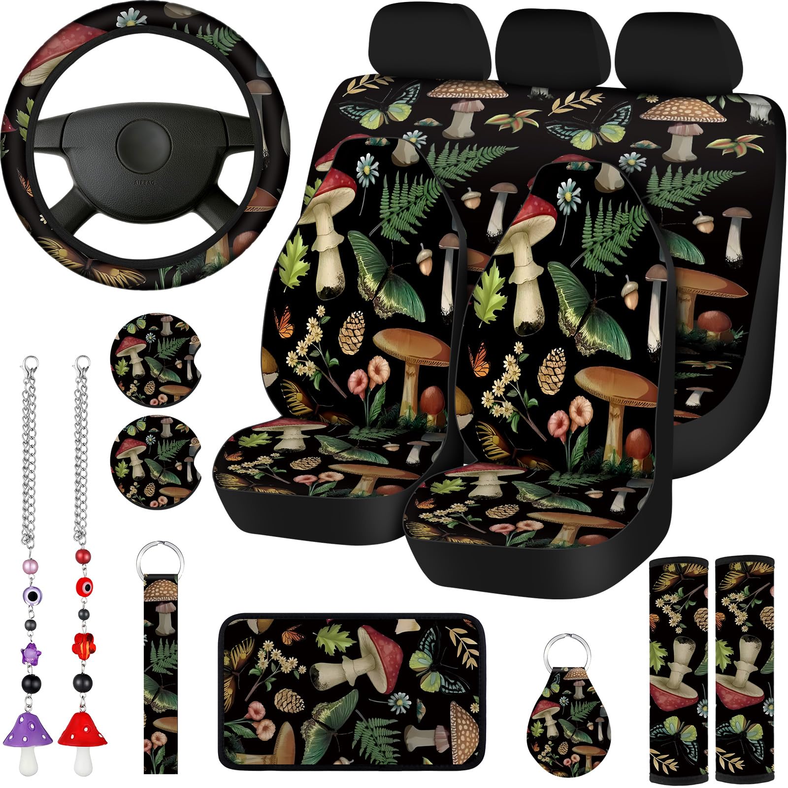 Photo 1 of 17 Pcs Mushroom Car Seat Covers Mushroom Car Accessories Full Set for Women Men Automotive Rear Front Seat Protector View Mirror Hanging Ornament Steer Wheel Belt Cover (Butterfly Mushrooms)