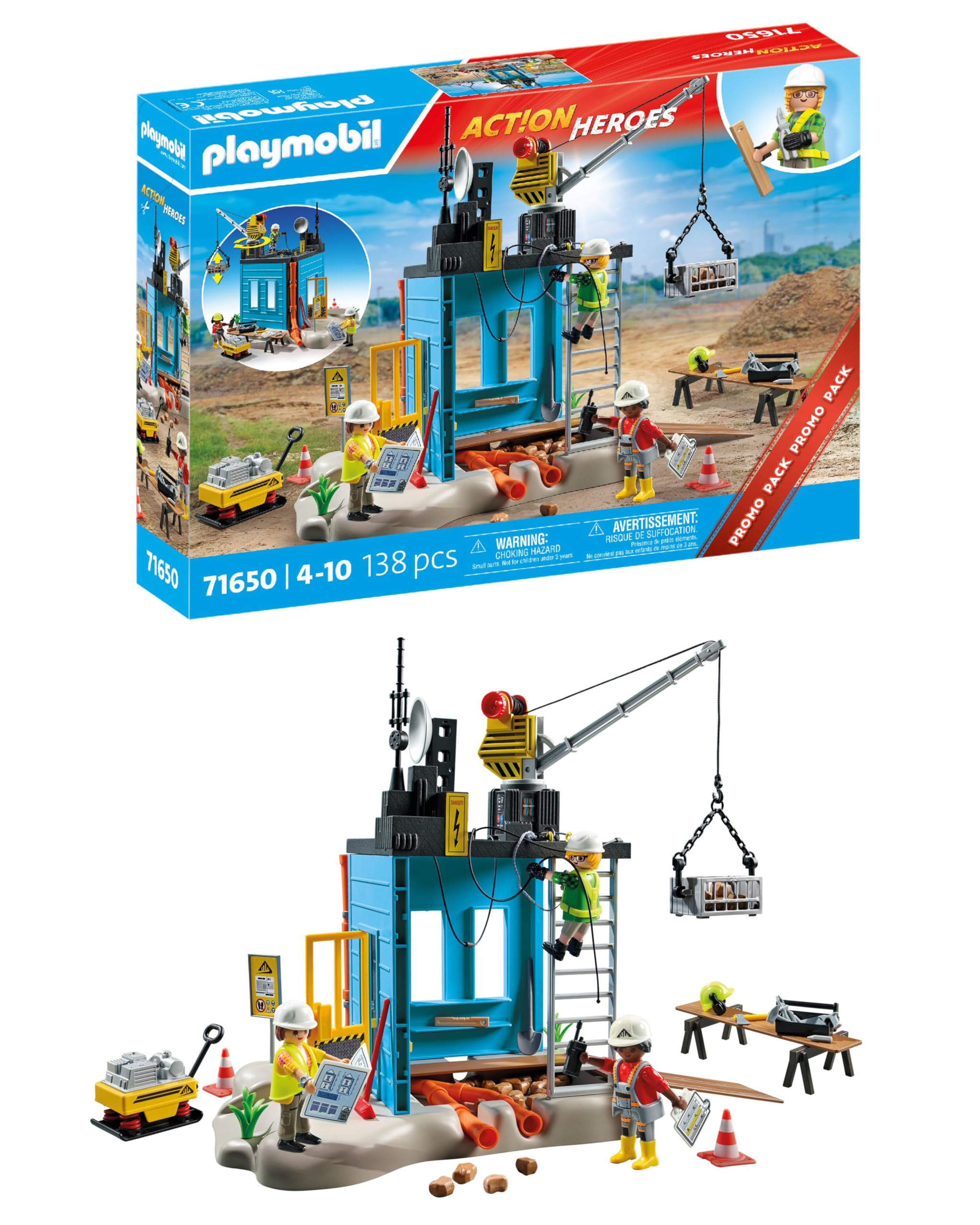 Playmobil 71650 Action Heroes: Construction Site Promo Pack, with three figures, movable crane, and many additional extras, detailed play sets suitable for children ages 4+