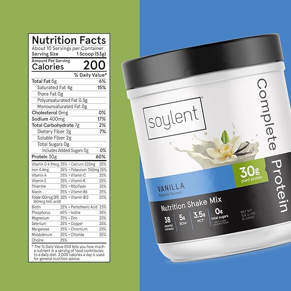 SOYLENT COMPLETE PROTEIN POWDER, VANILLA, 30G PROTEIN SHAKE FOR MUSCLE GROWTH AND RECOVERY, BCAAS, DHA, MCT, 28 VITAMINS & MINERALS, ZERO SUGAR, GLUTEN FREE, VEGAN – 1.25LB