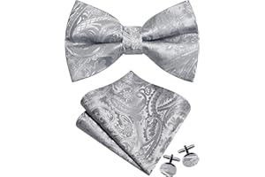 GUSLESON Mens Paisley Pre-Tied Bow Tie Handkerchief Jacquard Woven Adjustable Bowties Pocket Square Cufflinks Set