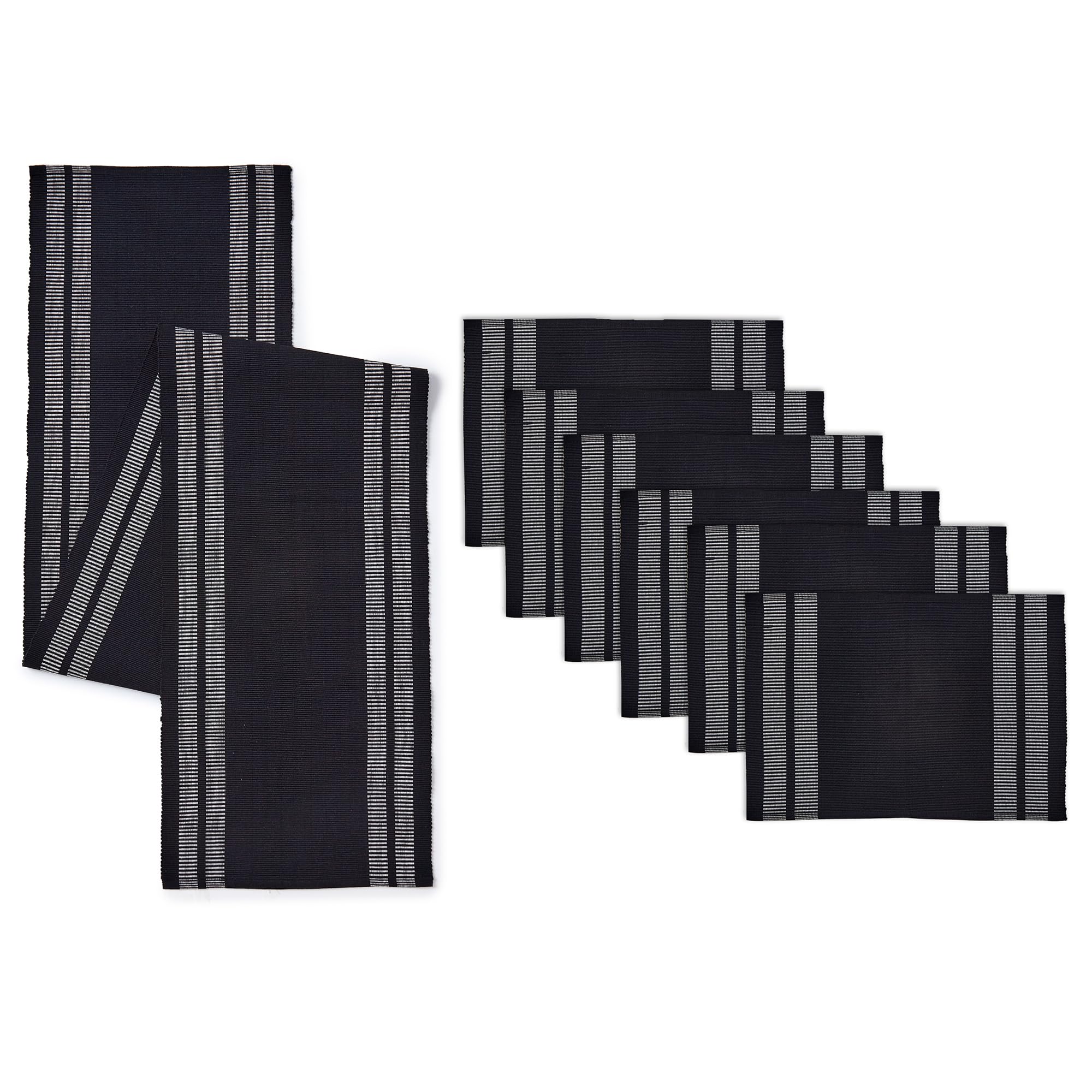Encasa XO Table Runner and Placemats Set 6 | Fine Ribbed Cotton | Ladder Black | 1 Table Runner Size 32x183 cm & Each Table Mat Size 48x32 cm