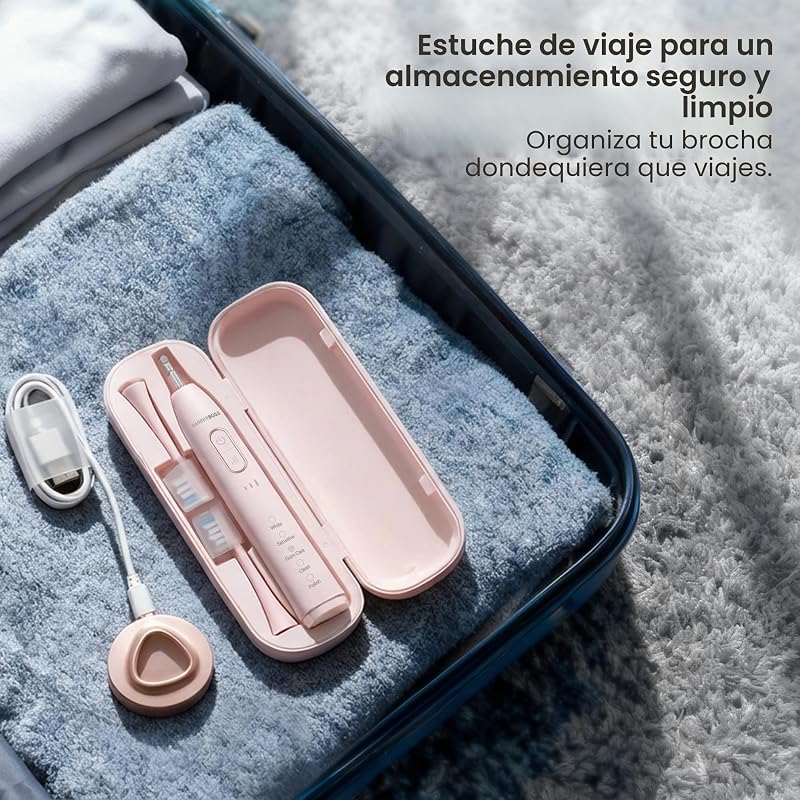 Cepillo de dientes eléctrico Sonic para adultos, cepillo dientes recargable rosa con estación carga USB, 5 modos de limpieza, 3 intensidades, temporizador inteligente 2 minutos, QR-7303