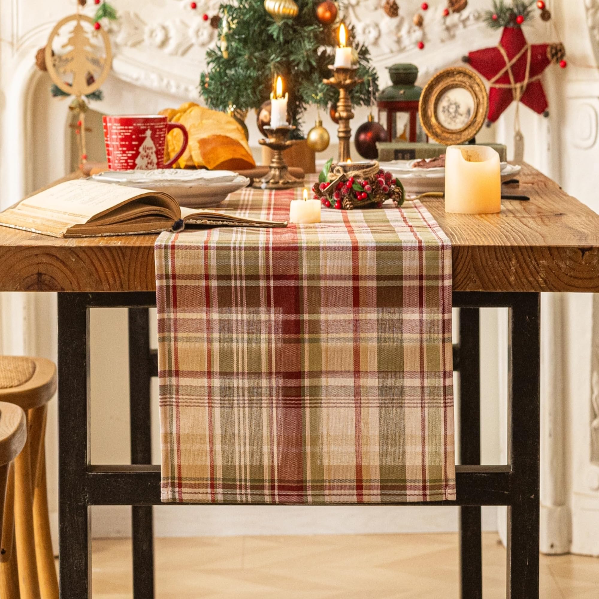 Photo 1 of Beige Plaid Christmas Table Runner, Winter Holiday Table Runners 72 inches Long Xmas Decorations Indoor Outdoor Farmhouse Home Kitchen Dining Party Decor
