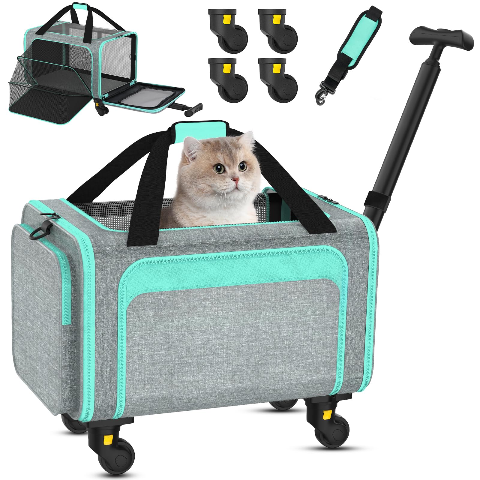 Photo 1 of Rolling Pet Carrier with Detachable Wheels - 18x11x11 TSA Airline Approved for Southwest Delta United American, Soft Sided Expandable Travel Bag for Small Dogs & Cats up to 15Lbs, Fits Under Seat