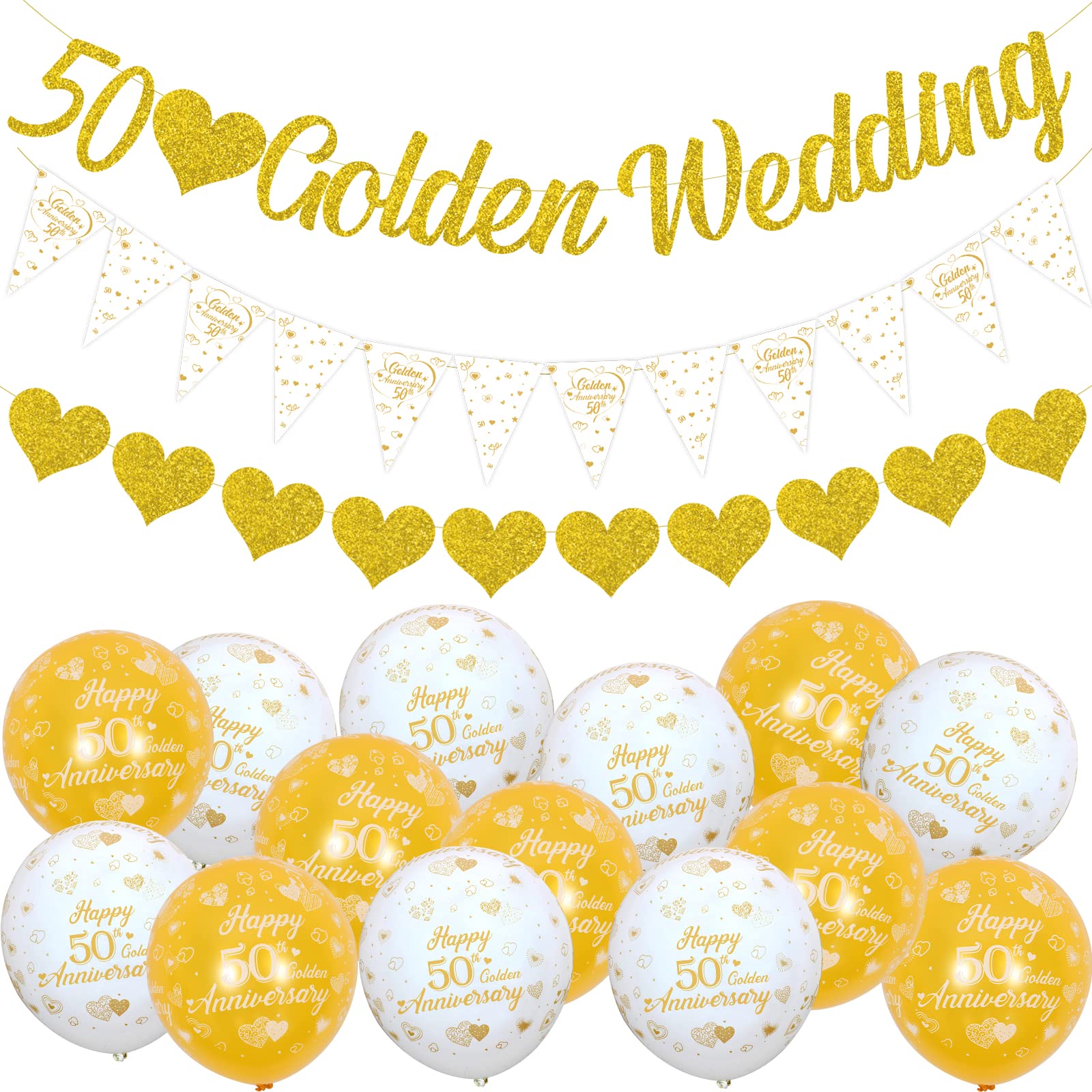 Fangleland 50th Wedding Anniversary Decorations for Party, Golden Wedding Anniversary Decorations, Glitter Banners, Bunting Flag and Balloons for Party Supplies