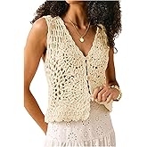 SweatyRocks Women's Summer Button Up Crochet Tank Tops Boho Hollow Out V Neck Sweater Vest
