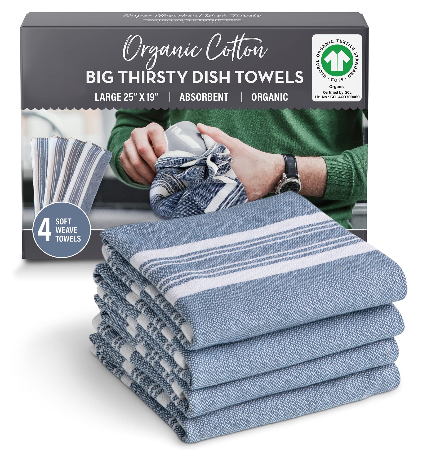 Photo 1 of Country Trading Co. Big Thirsty Dish Towels - Organic Cotton Super Absorbent Kitchen Towels, Set of 4 – Soft Weave Machine Washable Tea Towels - 25” x 19” (Blue)