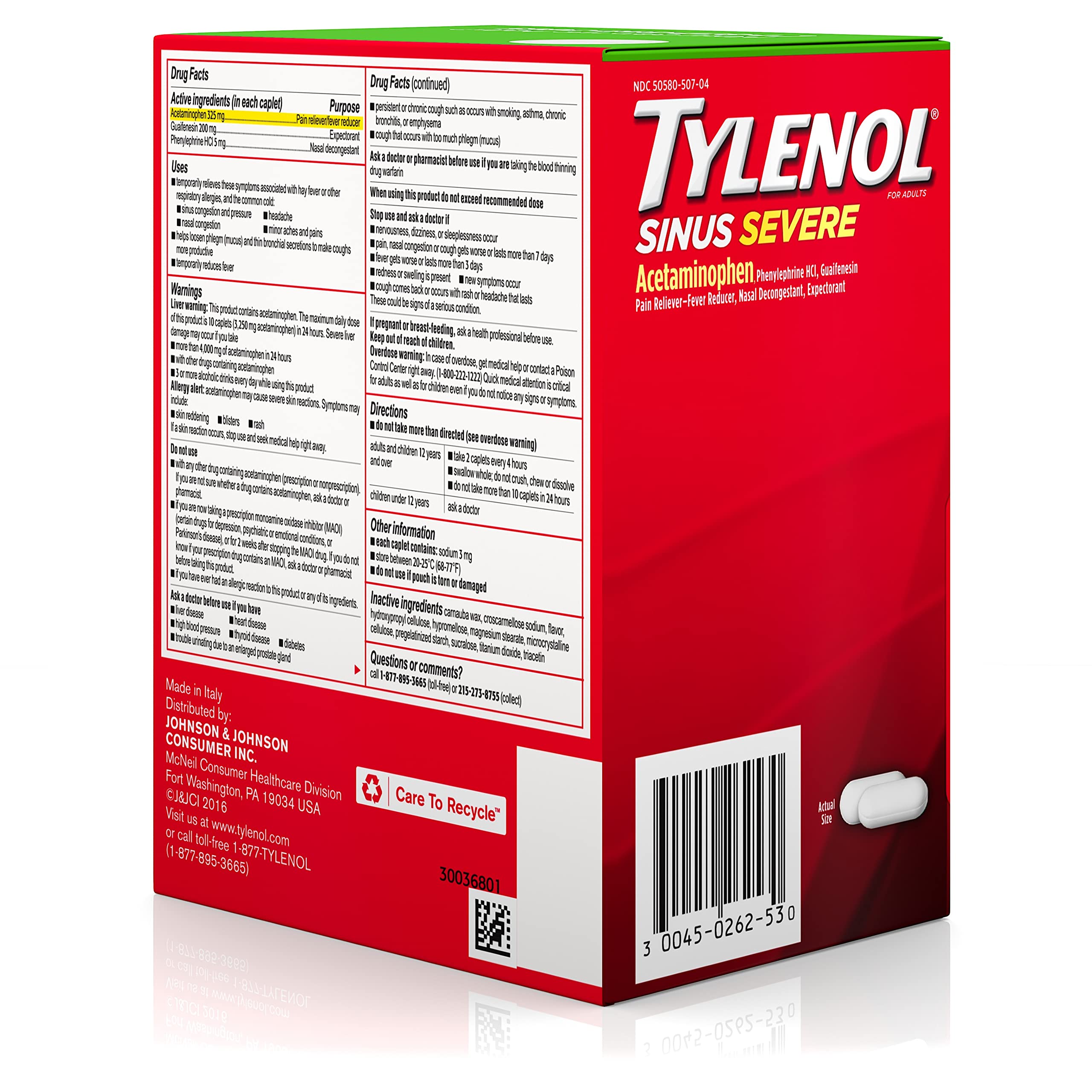 Tylenol Sinus Severe Daytime Caplets with Acetaminophen 325mg, Guaifenesin 200mg & Phenylephrine HCl 5mg, Non-Drowsy Pain Reliever, Expectorant & Nasal Decongestant, 50 Travel Packs of 2 ct