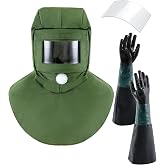 Yearntown 3 Pcs Shawl Cap Sandblasting Mask Set 1 Sand Blasting Hood Cap with 23.6" Blast Gloves and 1 Sandblasting Hood Replacement Lens Glass for Polishing Painting Dusting Grinding Abrasive Cabinet