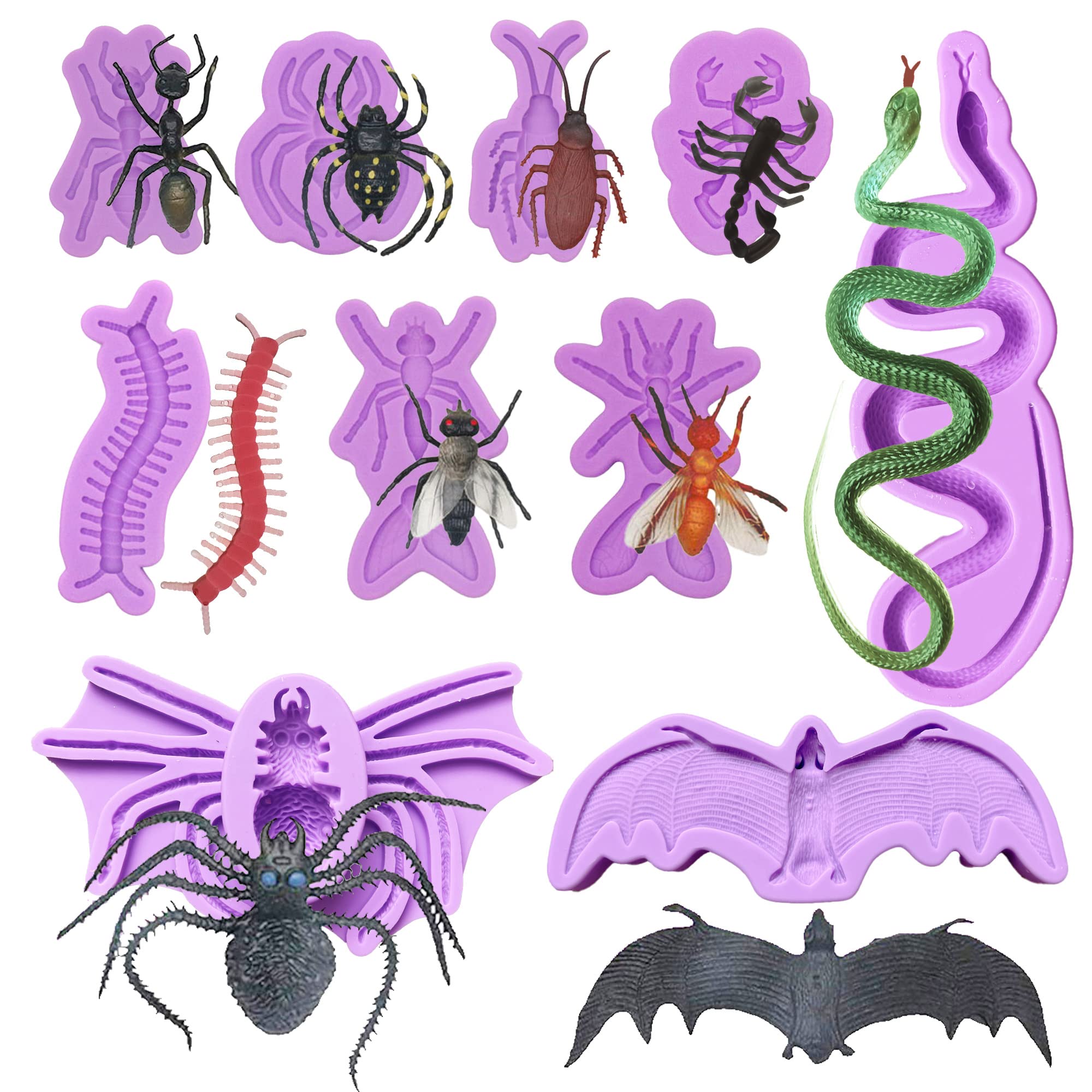 Woohome 10 PCS Fondant Silicone Molds Insects Bat Snake, Sugarcraft Cake Decorating Fondant Molds, Cupcake Topper for Craft Projects, Cake Decoration