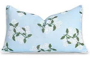 Hofdeco Premium Coastal Patio Indoor Outdoor Lumbar Pillow Cover Only, 12"x20" Water Repellent for Backyard, Couch, Baby Blue Print Hydrangea Flower