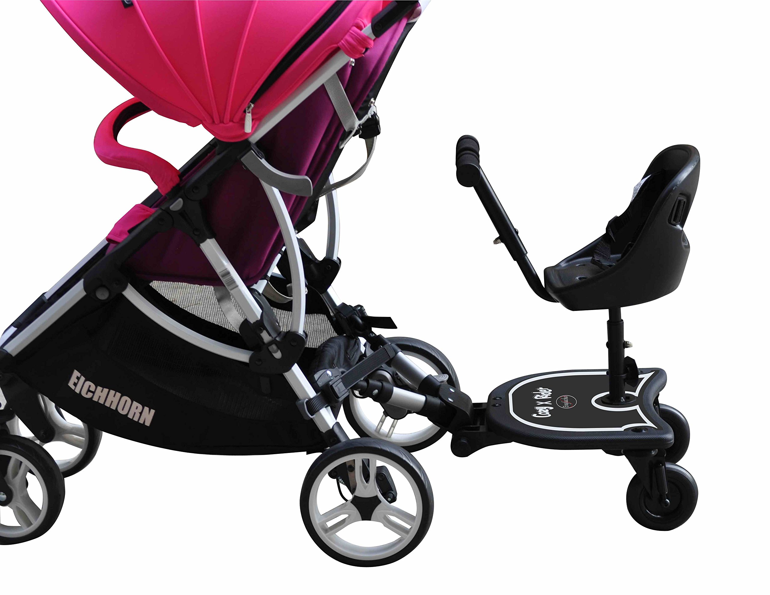 Englacha 2-in-1 Cozy X Rider, Black - Child Rider Stroller Attachment with Saddle Seat and Standing Platform - Universal Fit for Most Prams - Quick and Easy to Use - Designed for Safety