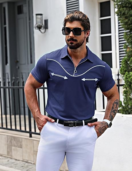 URRU MENS FASHION MUSCLE POLO NAVY BLUE POLO SHORT SHIRTS SLEEVE SLIM FIT GOLF POLO SHIRT NAVY BLUE M