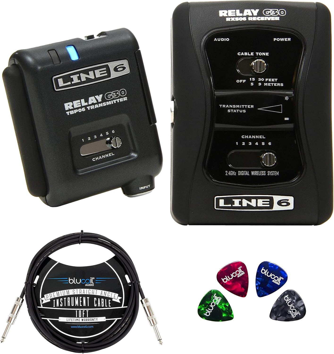 Line 6 Relay G30 Wireless Guitar System Bundle with DC-1g Power Supply, Blucoil 10-FT Straight Instrument Cable (1/4in), and 4-Pack of Celluloid Guitar Picks: Home Audio & Theater