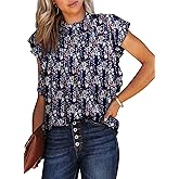 Dokotoo Womens Summer Tops Casual Crewneck Floral Print Shirts Smocked Ruffle Short Sleeve Babydoll Blouses