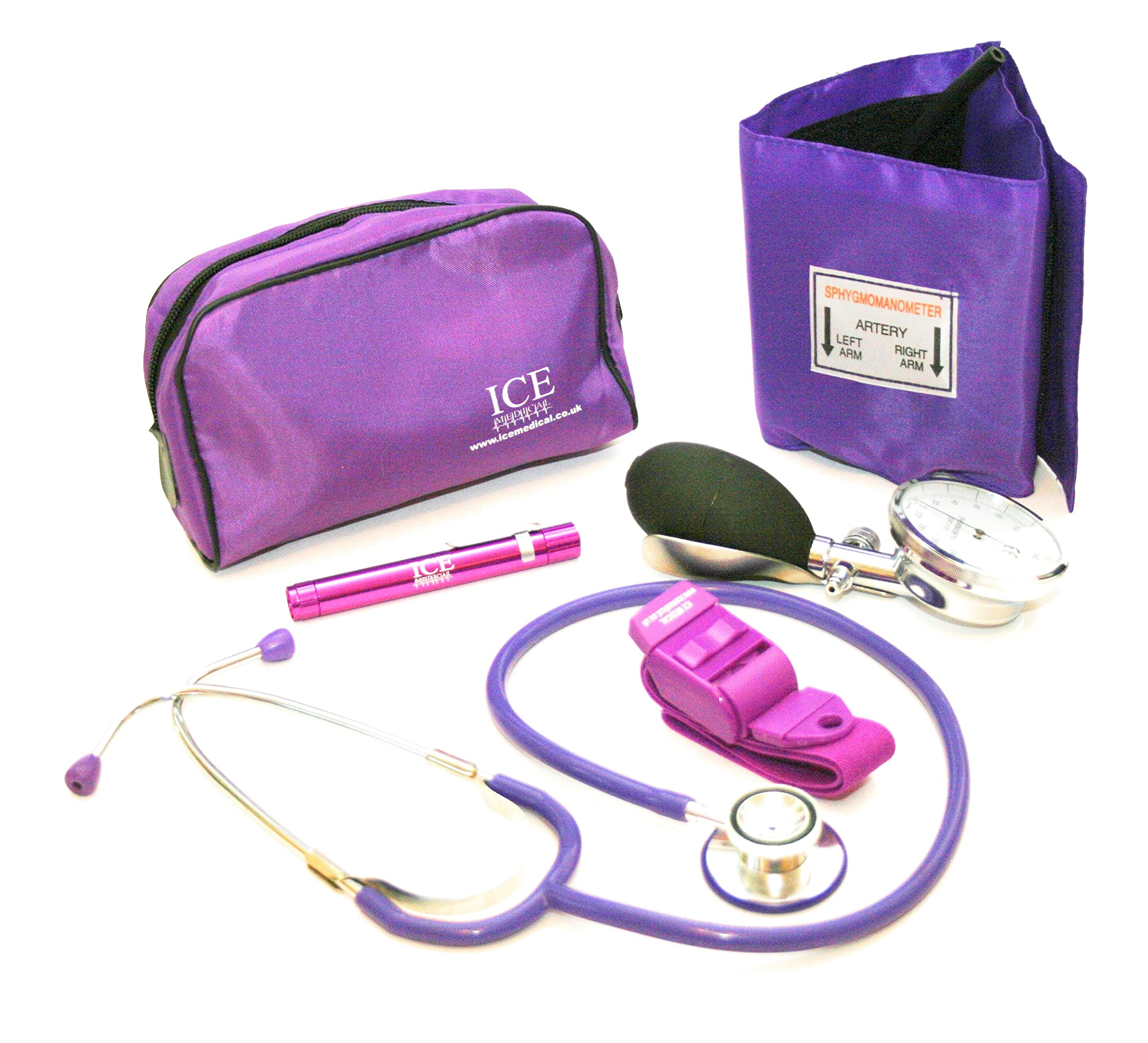 ICE Medical Purple Aneroid Blood Pressure Sphygmomanometer Monitor, Stethoscope, Pen Light (Pen Torch) and Tourniquet - GP Set