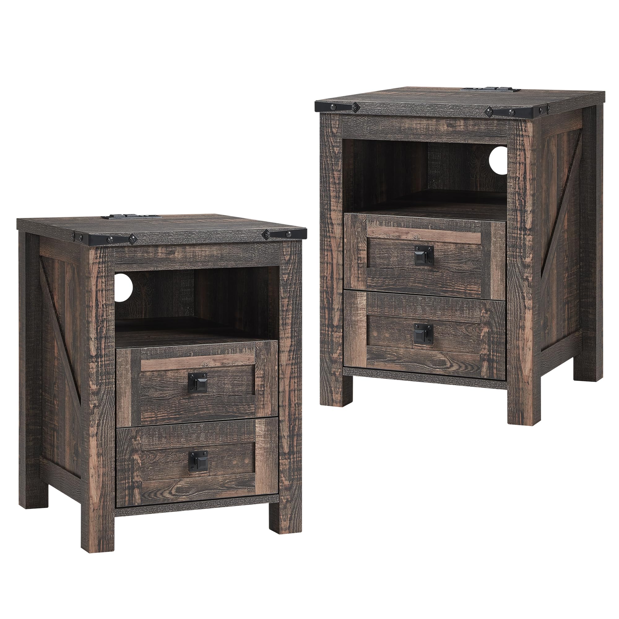 T4TREAM 18" Farmhouse Nightstand Set of 2, Dark Rustic Oak