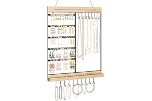 Feyejade Hanging Jewelry Organizer, 5-Tier Wall Earring Holder with Wooden Ring Groove, Jewelry Rack Wall Mounted for Earrings, Necklaces, Bracelets and Rings, Jewelry Holder Stand, Black