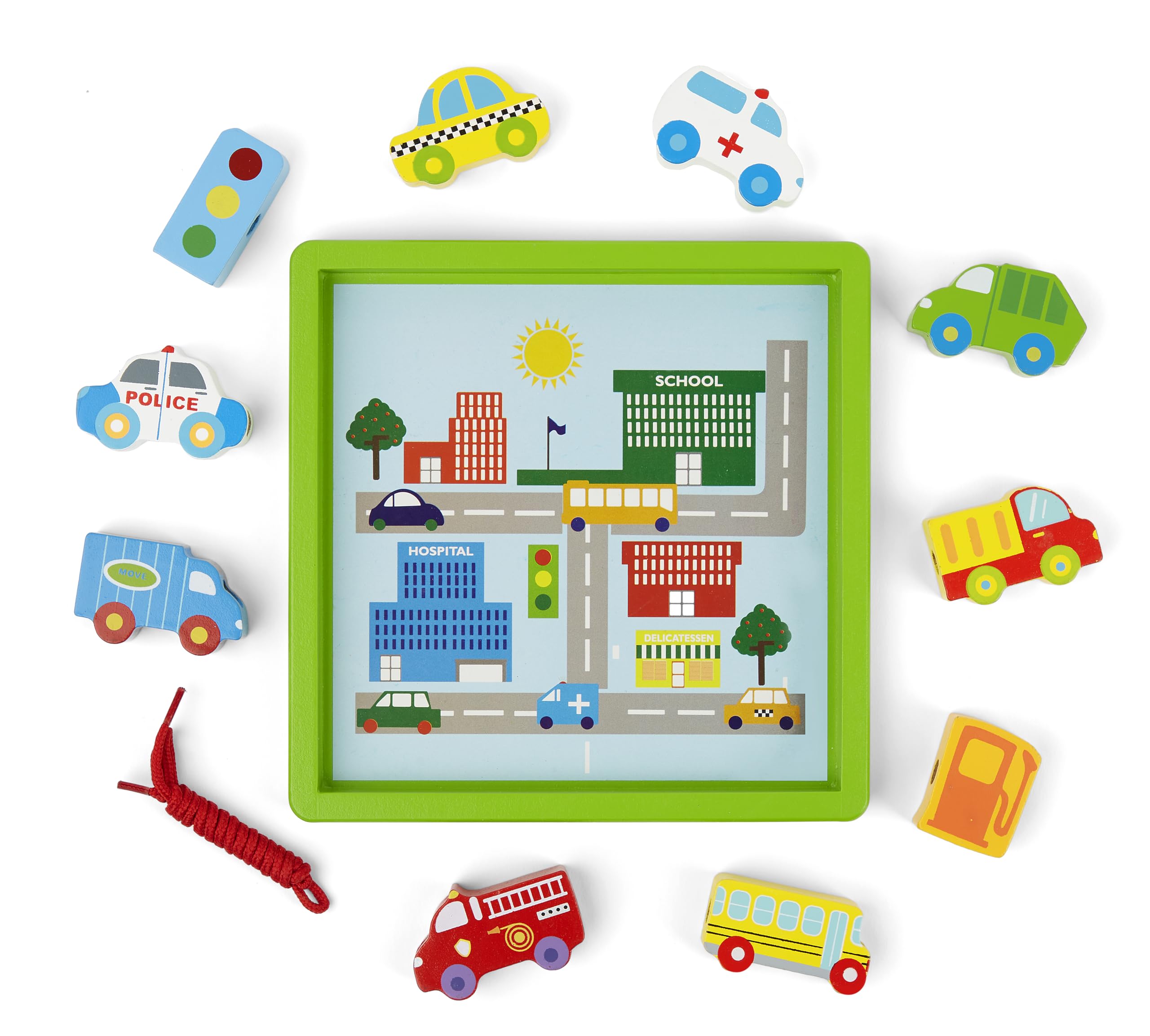 Mousehouse Gifts - Wooden Threading Beads Playset, Car-themed Lacing & Threading Toy for Toddler Development