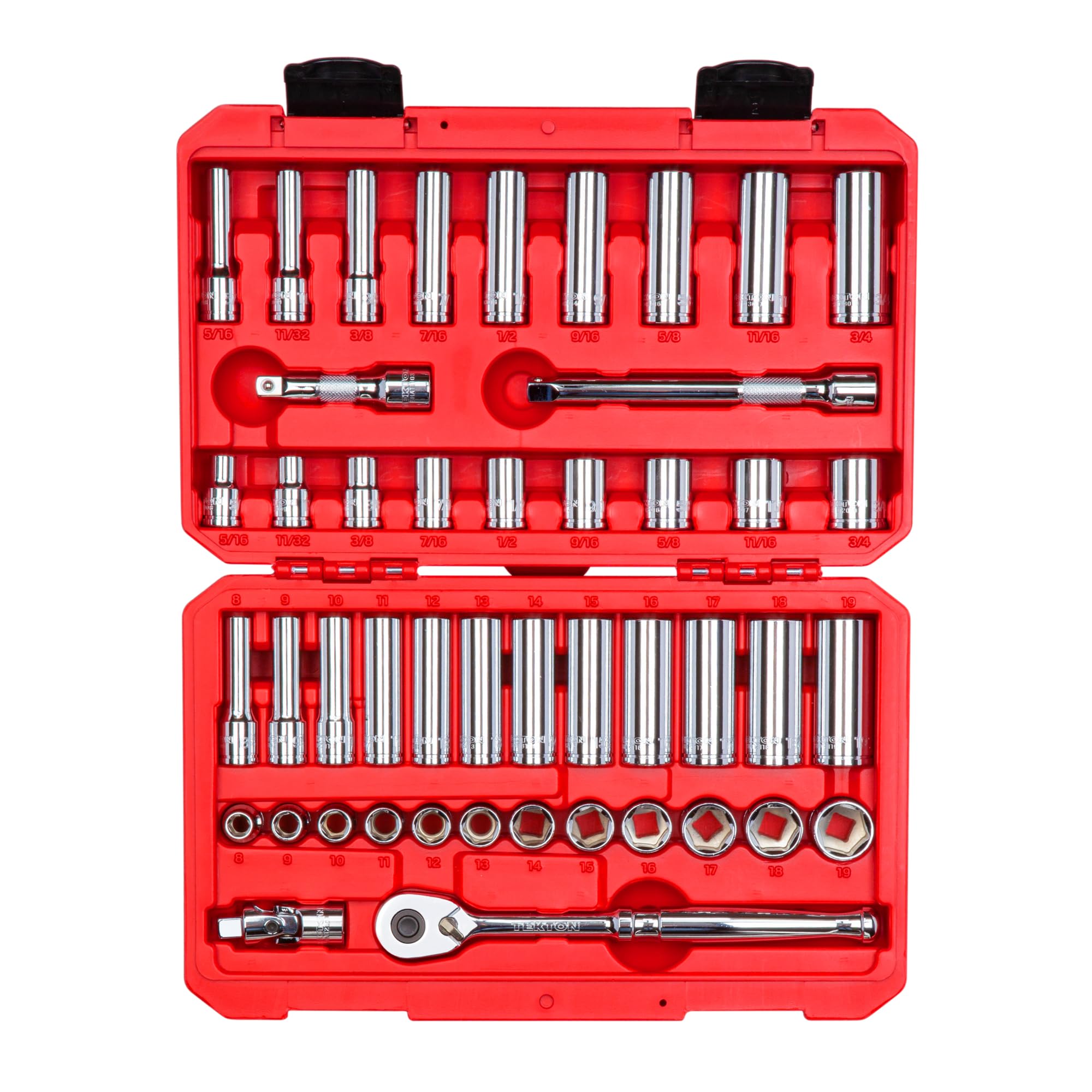 TEKTON 3/8 Inch Drive 6-Point Socket and Ratchet Set, 46-Piece (5/16-3/4 in., 8-19 mm) | SKT15301