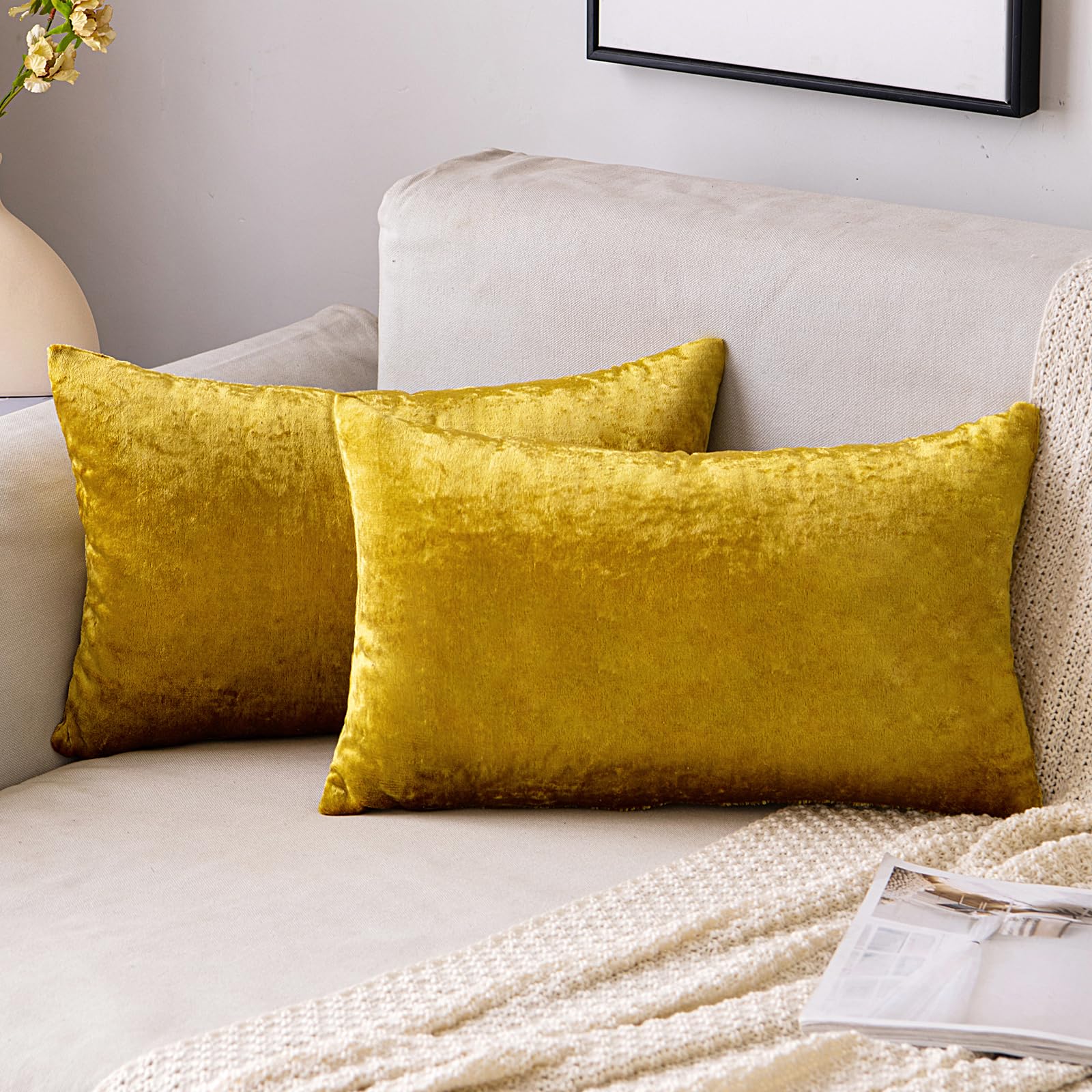 EMEMA Velvet Cushion Cover, Decorative & Lumbar Cushion, Set of 2, 40 x 60 cm, Golden Luxurious