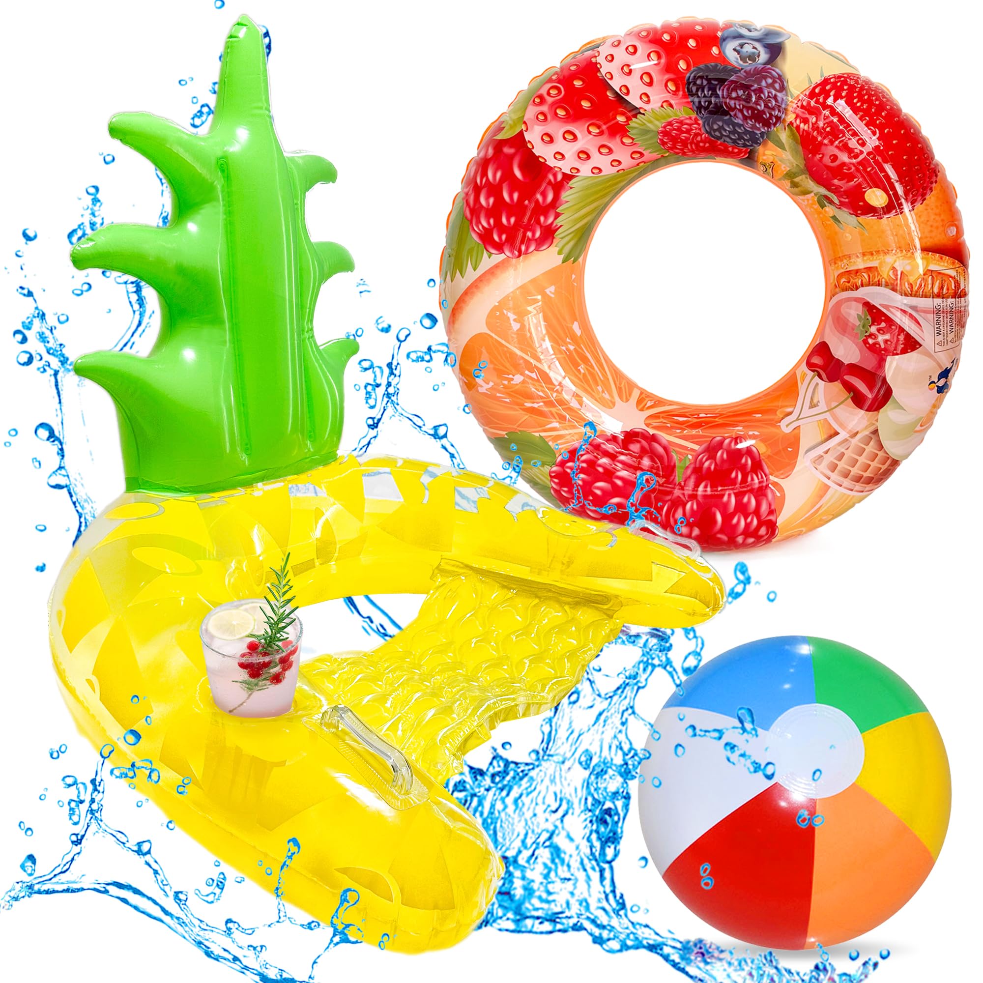 Lubibi Inflatable Pool Float Set, 3pcs Swimming Pool Inflatables with Float Pool Chair, Fruit Swimming Ring, Beach Ball, for Kids Adults, Family, Summer Pool Party