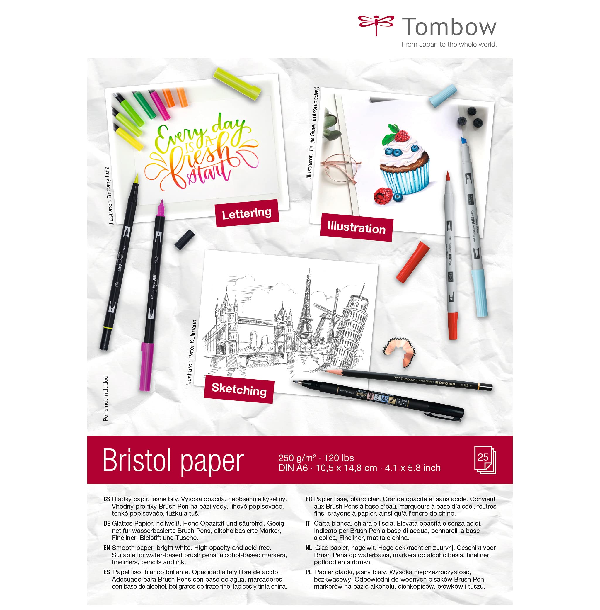 Tombow Bristol Drawing Paper DIN A6 250 g/m², 25 Sheets, Artist Paper for Sketches & Illustrations, for Brush pens, Markers, Pencils and Crayons [PB-Mark-Cover-6] — image 1