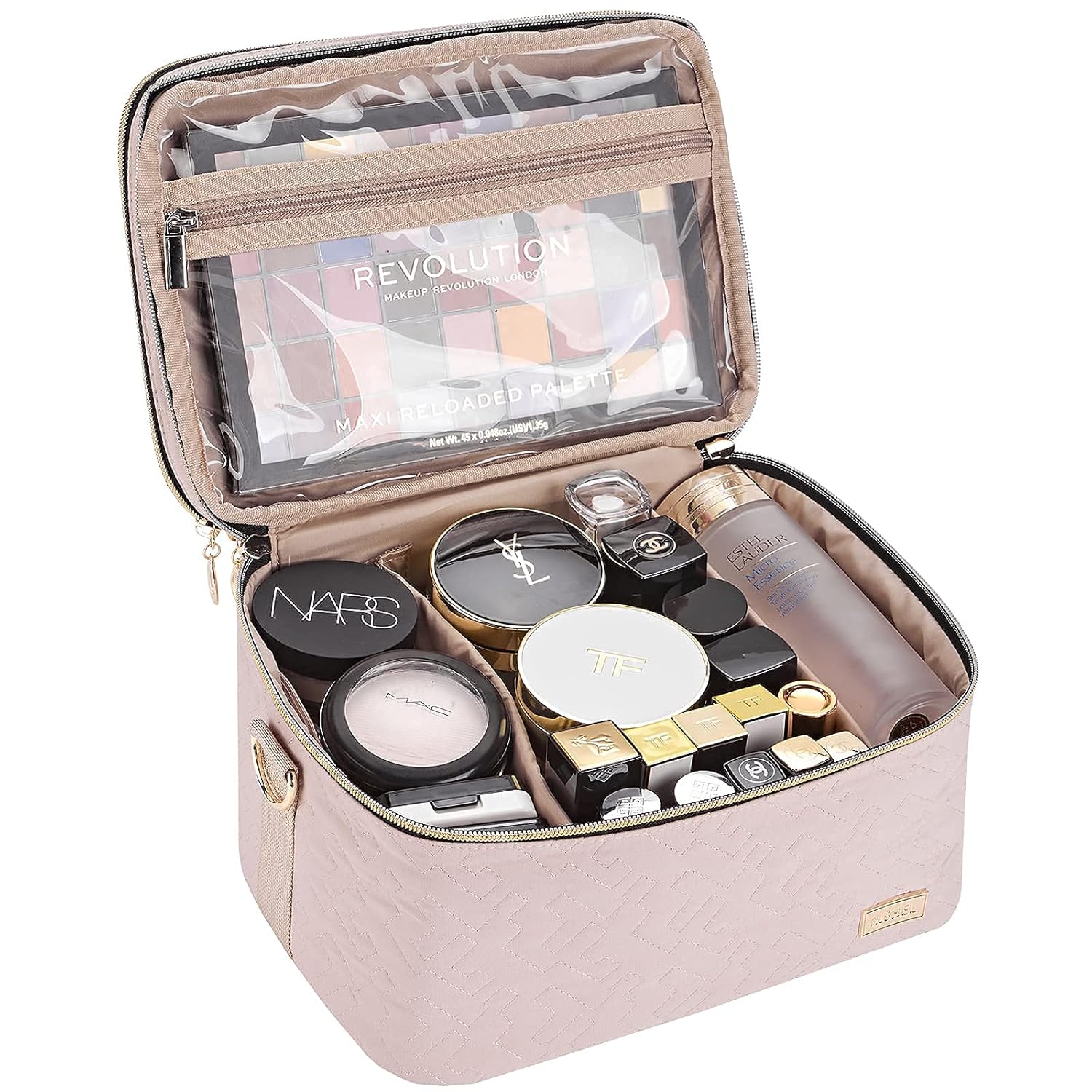 NISHEL Double Layer Travel Makeup Bag with Strap, Large Cosmetic Case Organizer Fits Bottles Vertically, Top Layer for Brushes, Tweezers, Eyeliner, Pink : Beauty