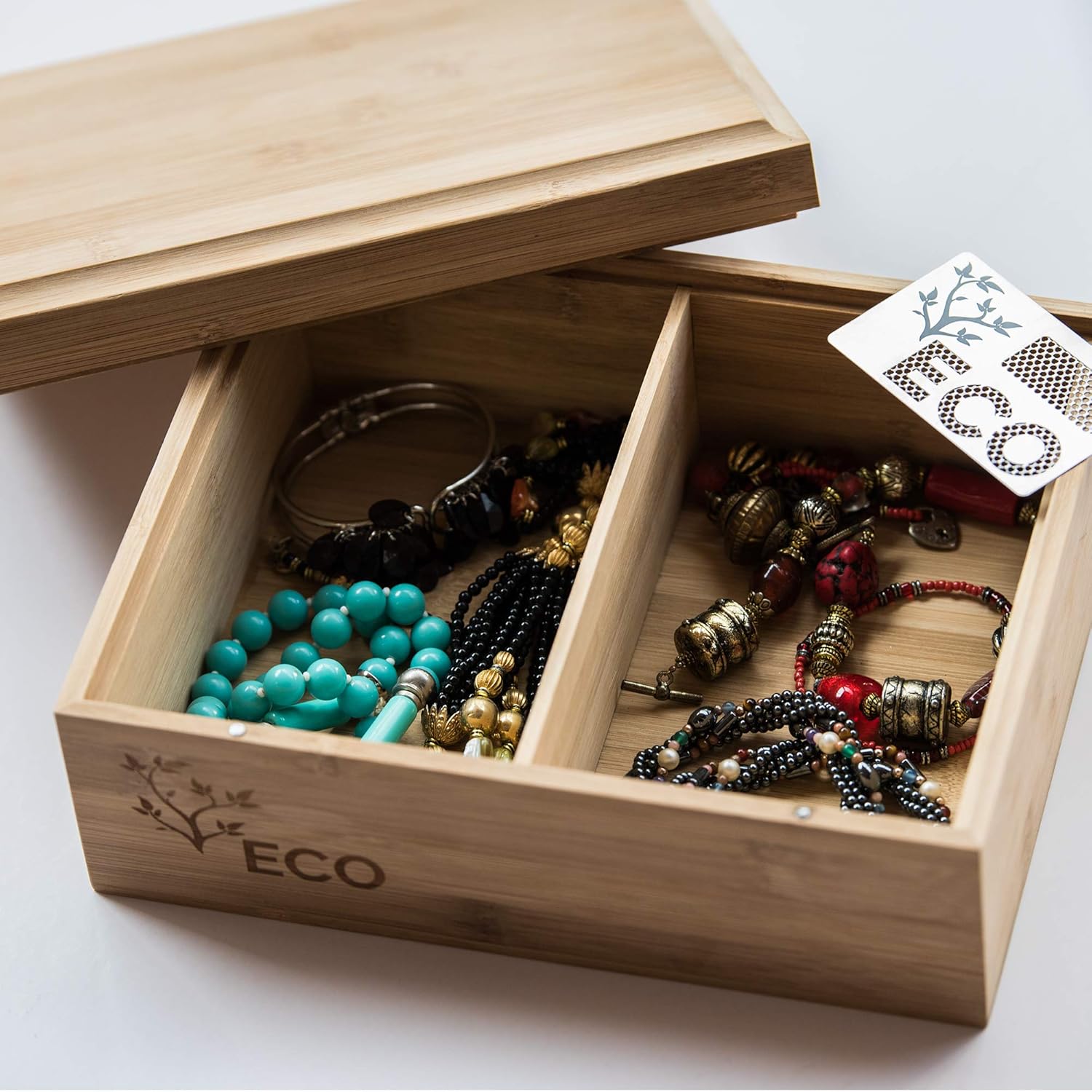 DreamEco Stash Box with Rolling Tray Lid - Eco Friendly Jewelry Organizer - Titanium Metal Card Herb Grinder - Raw Bamboo Storage Container Combo - Extra Large Magnetic Lock Box - Unique Gift Kit