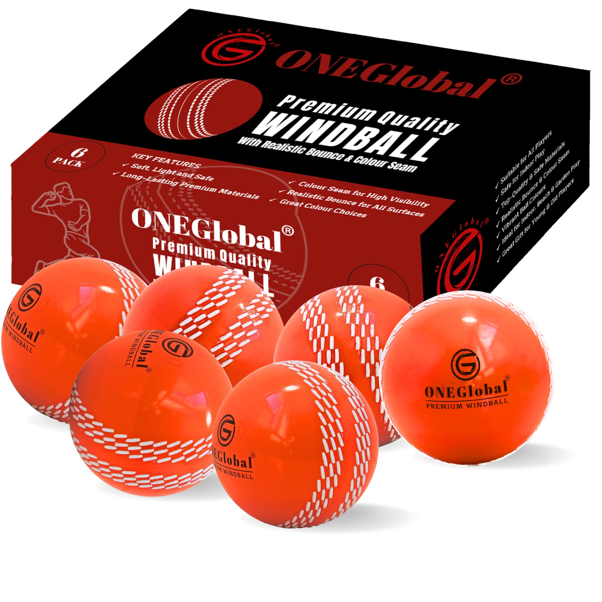 ONEGlobal Premium Windball Soft Cricket Ball | Durable & Safe, Colour Seam, True Bounce & Swing | Wind Ball for Outdoor & Indoor Practice, Coaching, Garden & Beach Games (6-Orange) — image 1