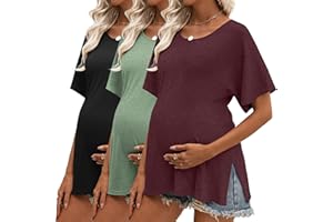 Riyiper 3 Pack Women's Maternity Tunic Shirts Cotton Summer Pregnancy Clothes Loose Oversized Split Side Blouse Tops