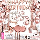 Guudmua 285 Pcs Rose Gold Party Decorations, Birthday Decorations For Women Or Girl - Knives, Forks and Spoons, Tiara, Butterfly, Sash, Paper Pom Poms, Balloon Stand, Tableware For 25 Guests