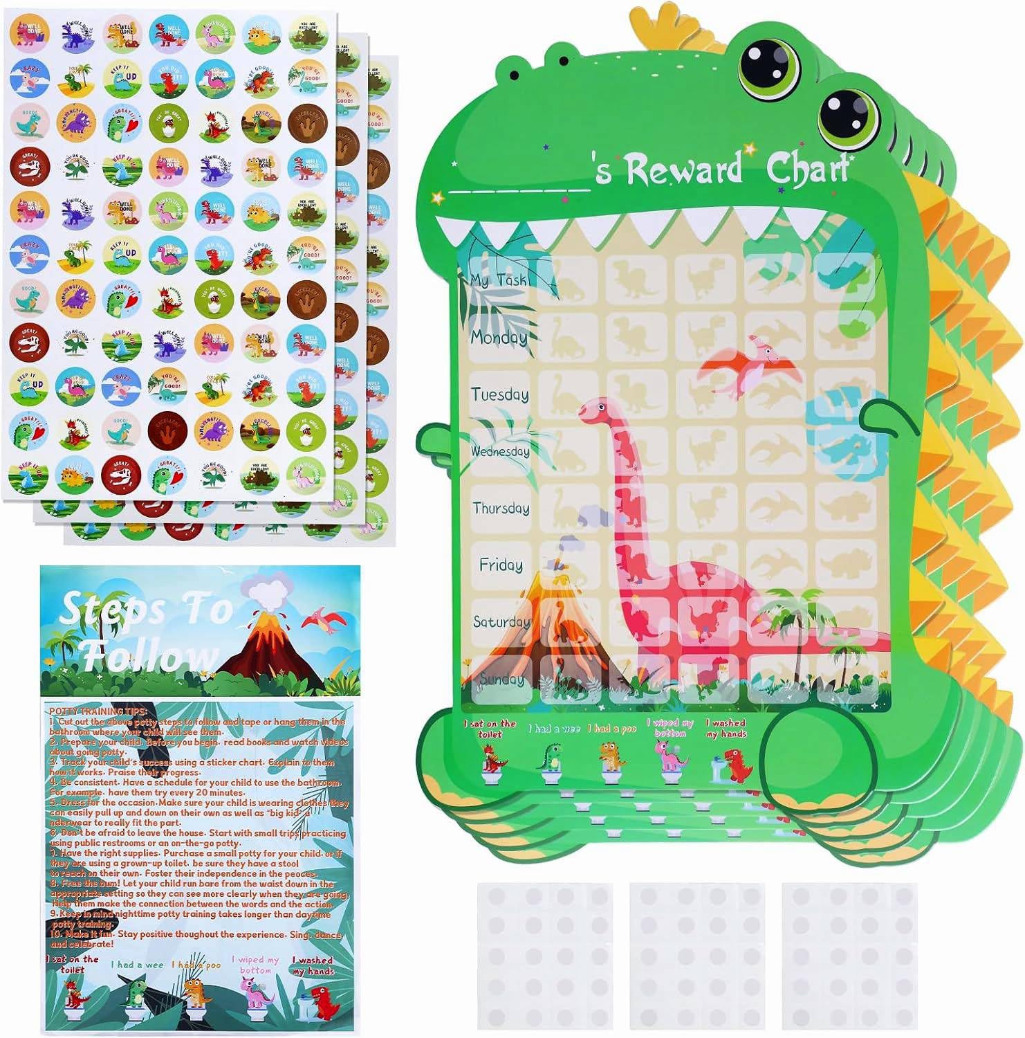 GWHOLE 5 Pack Potty Training Chart Dinosaur Toilet Training Reward Chart with Stickers and Tips Guide for Toddlers Girls Boys, Wipe Clean