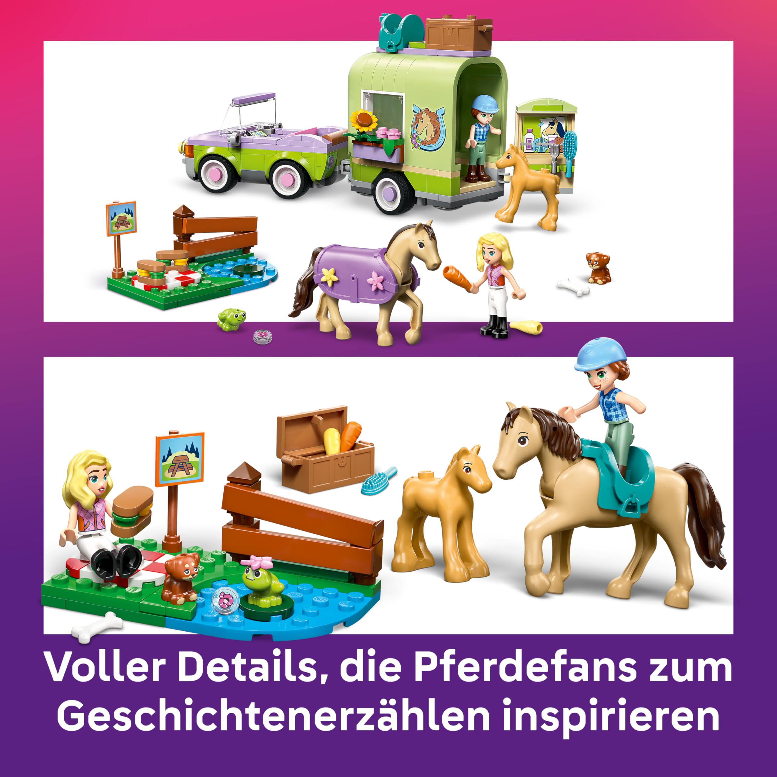 LEGO Friends Pferd und Fohlen mit Pferdeanhänger - Pferde Spielset mit Pflegezubehör, 4 Tierfiguren, Auto & 2 Mini Puppen - Geschenkidee zum Geburtstag für Mädchen ab 7 Jahren - 42695 4