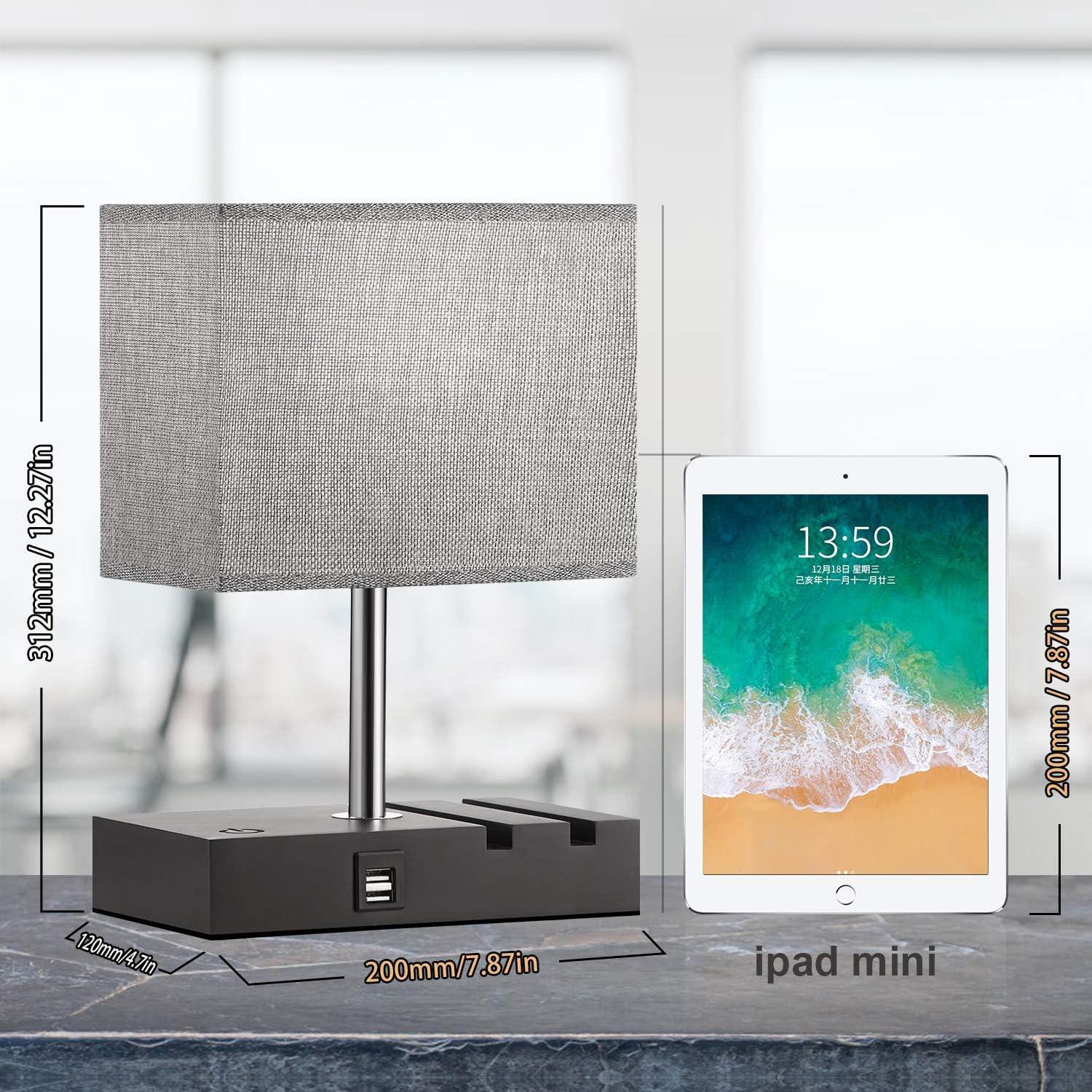 Touch Control Bedside Lamp with 2 USB Ports, Aooshine Fully-Dimming USB Table Lamp with 2 Phone Stands and Low Voltage Led Bulb, Grey Fabric Shade Modern Style, Suitable for Bedroom, Living Room, Off: Home Improvement