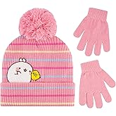 Molang Piu Piu Winter Beanie Hat, Girls Cuffed Winter Knit Cap with Pom, Pink, One Size