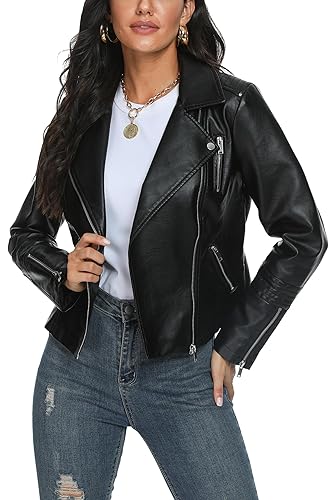 Fahsyee Women Black Leather Jackets, Faux Motorcycle Bomber Jacket