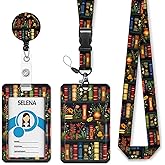 Floral Bookshelf Lanyards for ID Badges, Badge Holder with Lanyard Detachable, Badge Reel Retractable Keychain Clip, Cruise Ship Cards Holder Protector Name Tags, Teacher Nurse Office Women Gifts