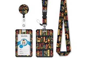 MCAPIRIVO Floral Bookshelf Lanyards for ID Badges, Badge Holder with Lanyard Detachable, Badge Reel Retractable Keychain Clip, Cruise Ship Cards Holder Protector Name Tags, Teacher Nurse Office Women Gifts