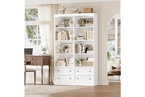 FINETONES 71" Tall Bookshelf with 4 Drawers, 6-Tier Double Wide Bookshelves and Bookcases with Storage, White Bookshelf Large