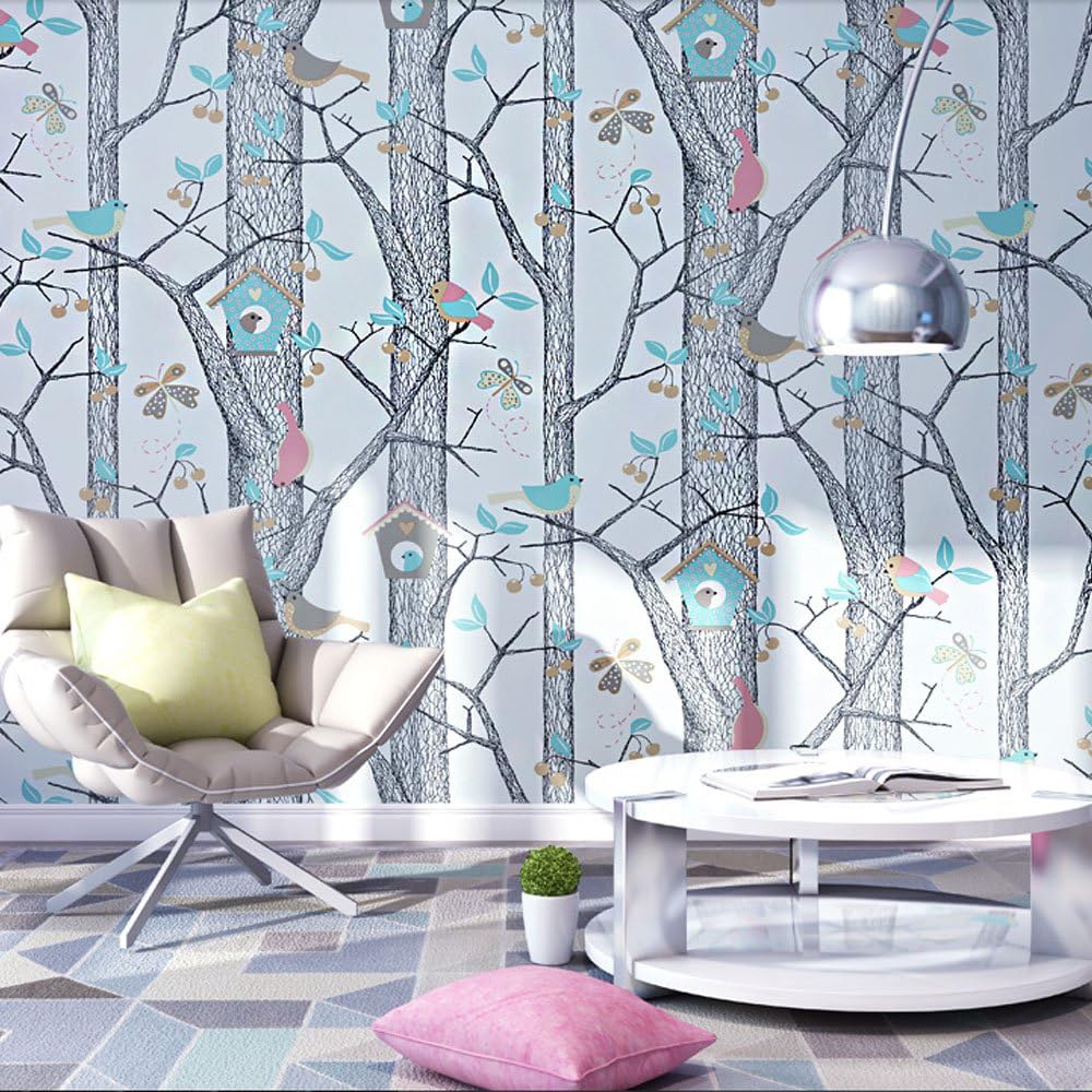 KeTian Modern Minimalist Non-Woven Tree Patterns Style Living Room Home Decoration Blue Flower Wallpaper Roll 0.53m (1.73' W) x 10m(32.8'L)=5.3m2 (57 sq.ft)