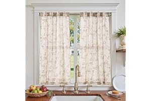 jinchan Floral Kitchen Curtains 45 Inch Linen Tier Curtains Farmhouse Cafe Half Window Drapes for Small Windows Light Filtering Taupe on Beige for Living Room Bathroom Back Tab 2 Panels