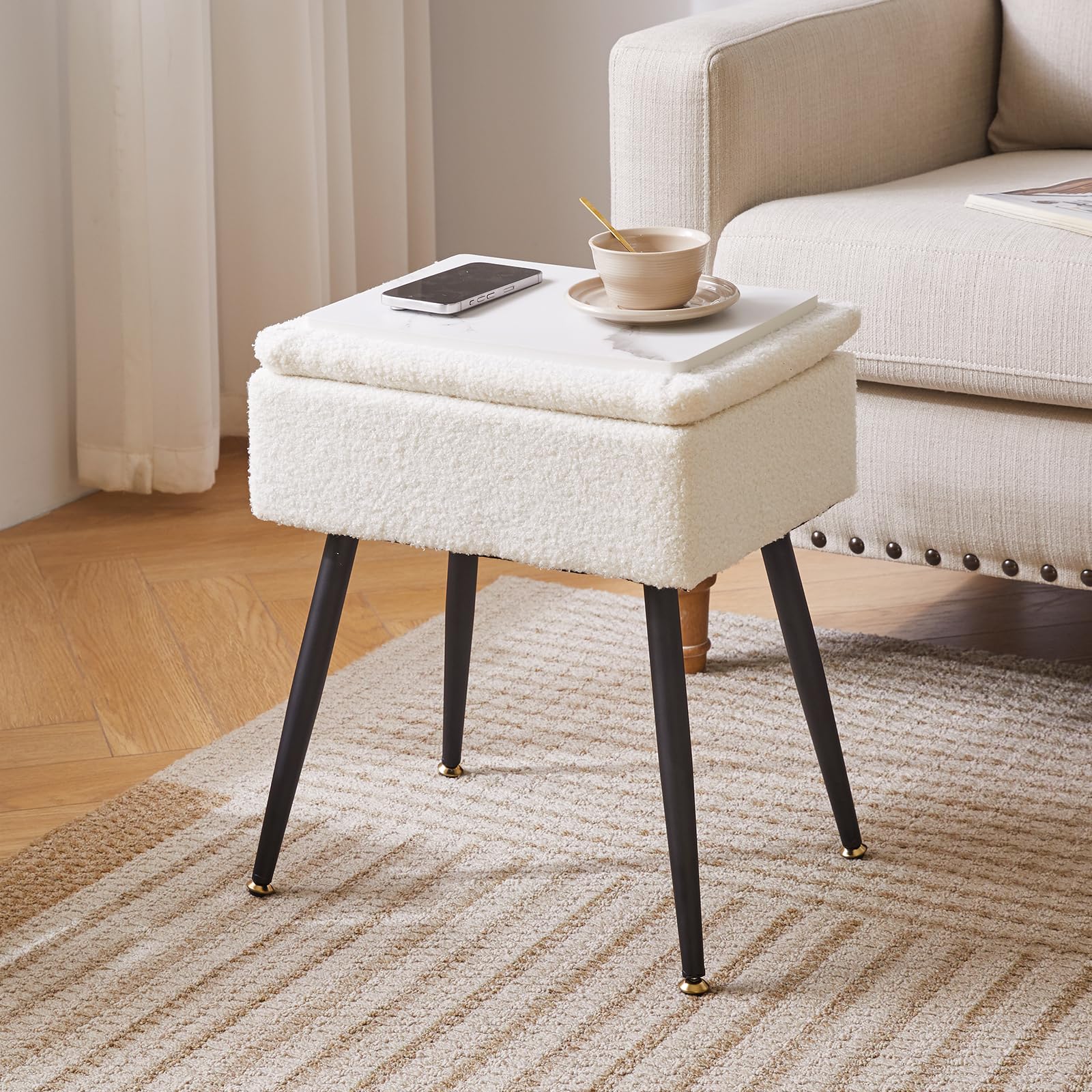 Aibiju Teddyfellimitat Hocker mit Stauraum, Rechteckiger Fußstützenstuhl Ottoman,Schminktischsitz, Kleiner Beistelltisch für Schminkzimmer, Schlafzimmer, Weiß YD-SMS137W 8